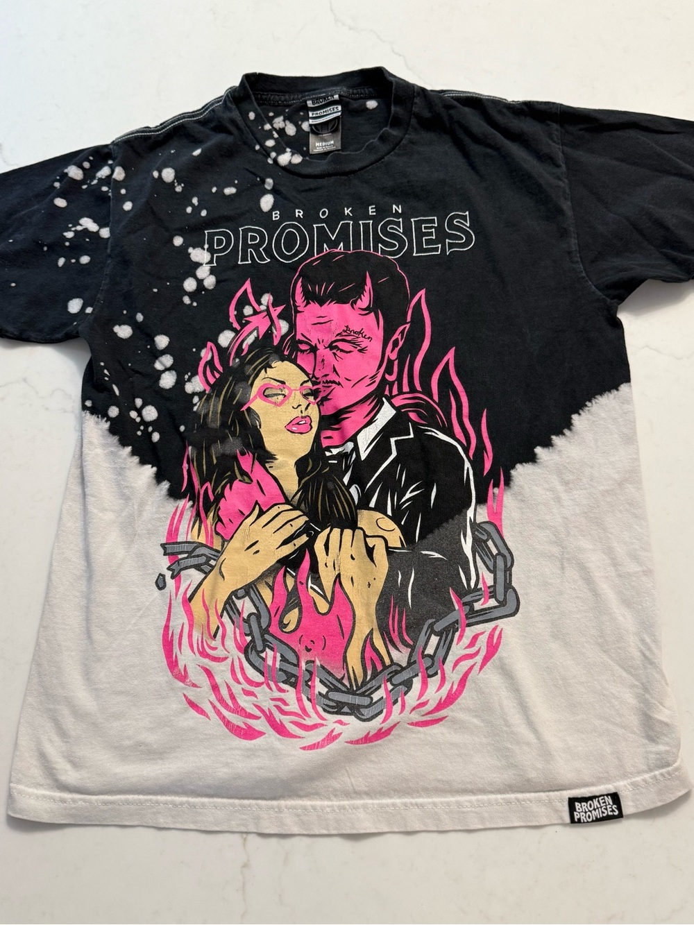 Broken Promises Devil Graphic Bleach Dye T-Shirt | Size Medium